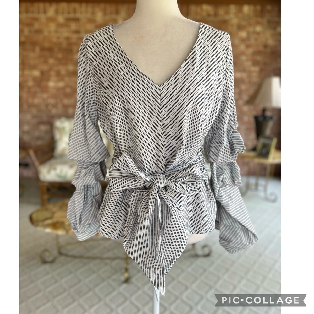Renee C. Top Tiered Ruched Sleeves White Black Striped Belted V-Neck Cotton M - Picture 3 of 15